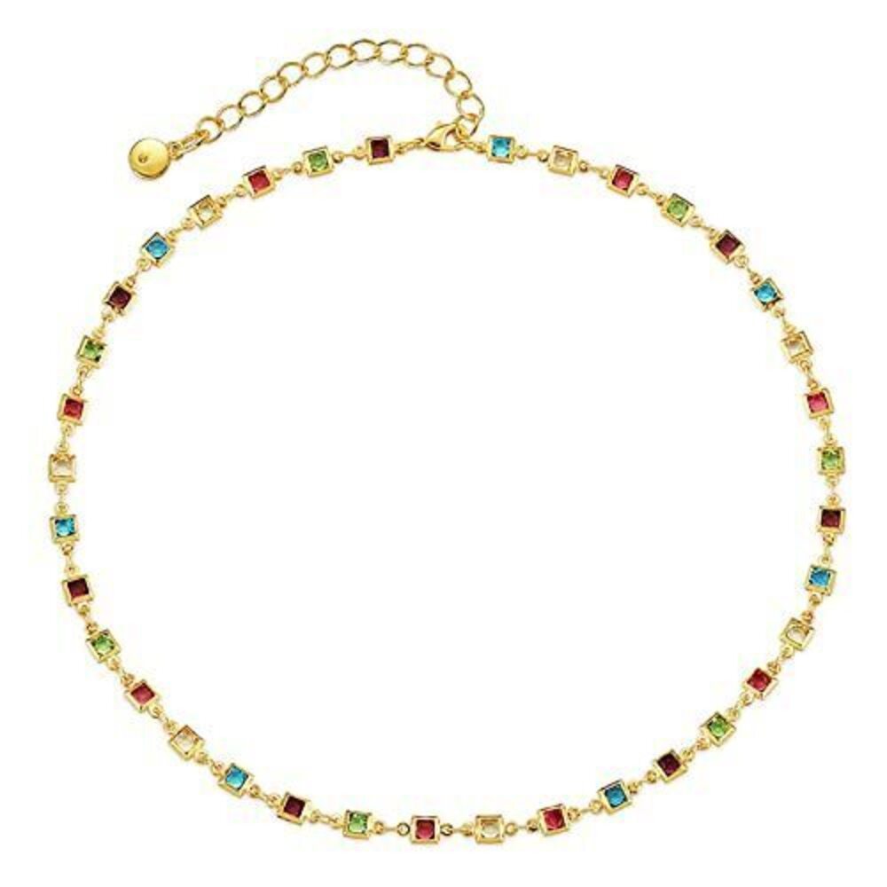 4058 Gold Choker Necklace 18k Gold Plated Adjustable Colorful Dainty Cubic